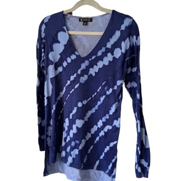 Tie Dye Blue Soft V Neck Lightweight Sweater Womens XS Boho 70s Comfy Office - Picture 1 of 14